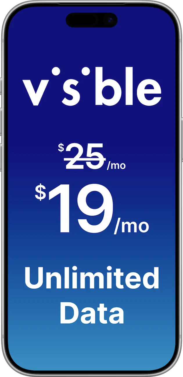 Phone screen showing the Visible unlimited 5G data plan for $19 per month with code SAVE6.