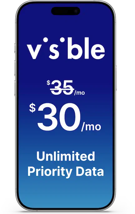 Phone screen showing the Visible+ unlimited priority data plan for $30 per month with code SUMMER.
