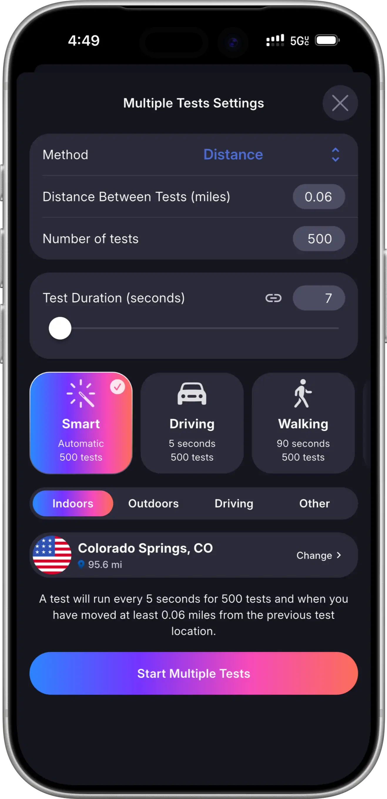 Multiple speed test settings in the CoverageMap app