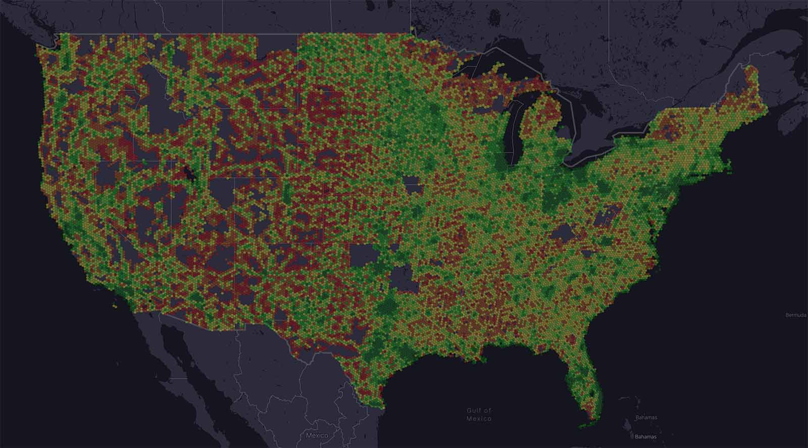 Verizon signal strength data overlayed on a map of the United States