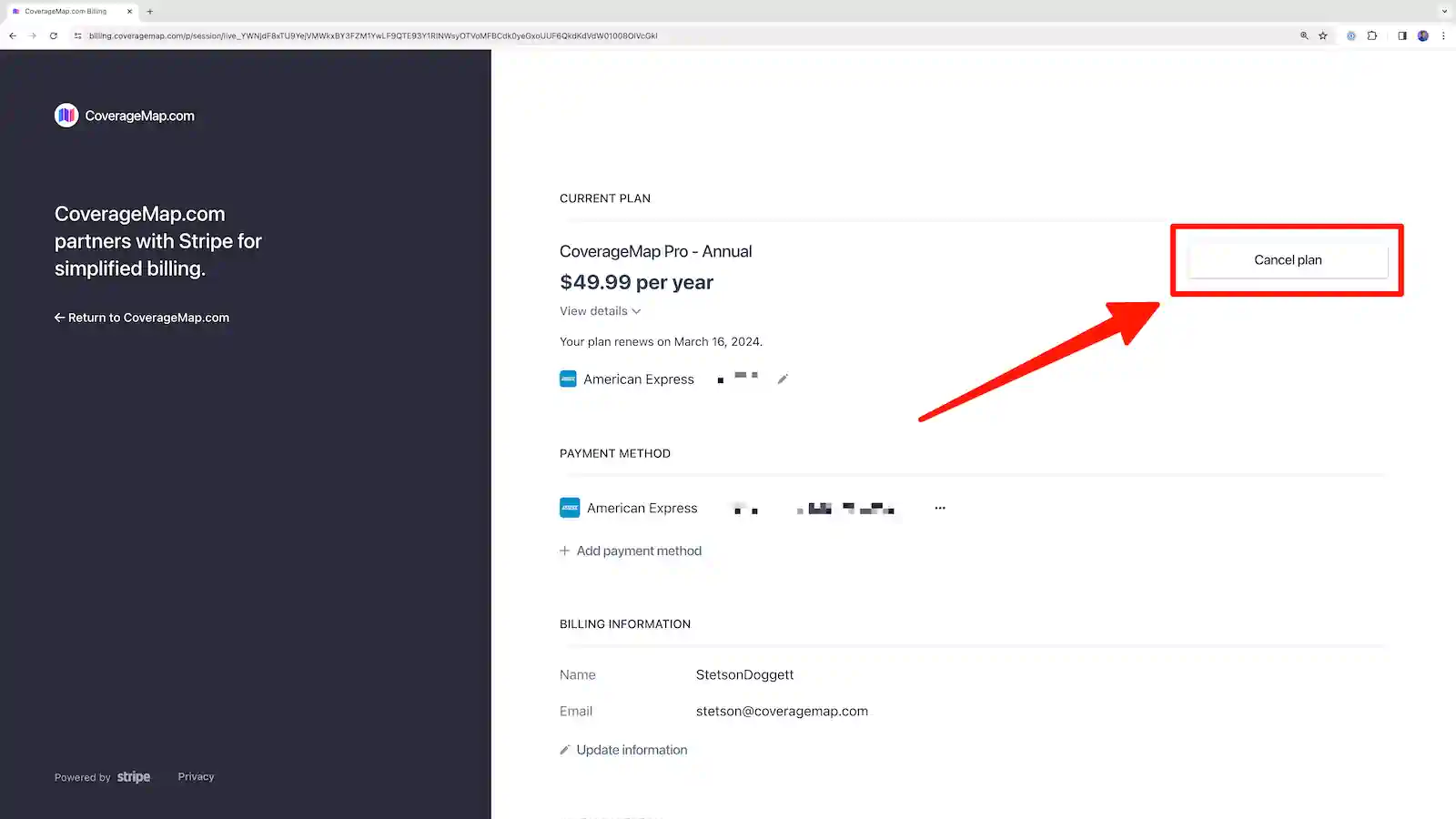 Arrow pointing to the "cancel plan" button on the Stripe billing page for CoverageMap.com
