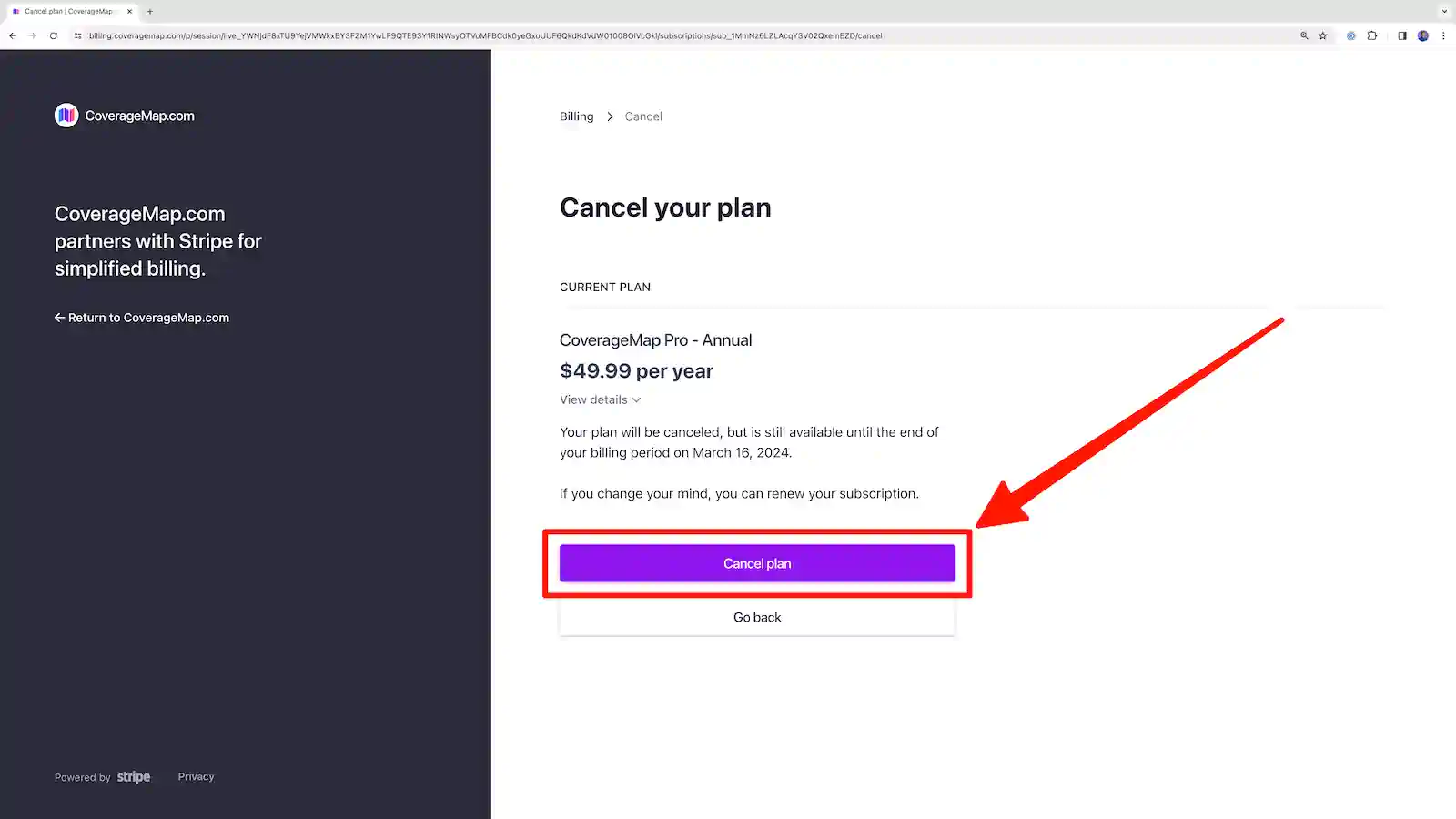 Arrow pointing to the "cancel plan" button to confirm cancelling your CoverageMap Pro subscription