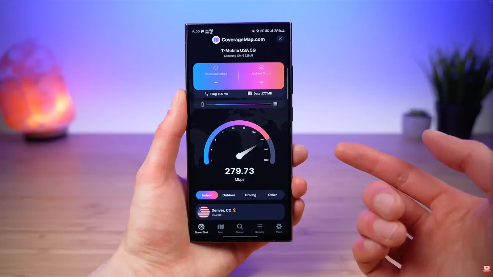 Coverage Map app running a cellular speed test and measuring the download speed for T-Mobile
