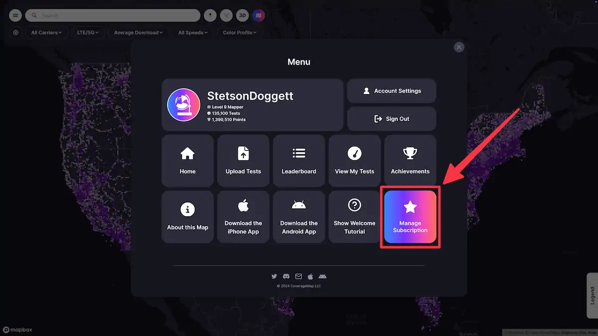 An arrow pointing to the Manage Subscription button in the Menu screen on map.coveragemap.com