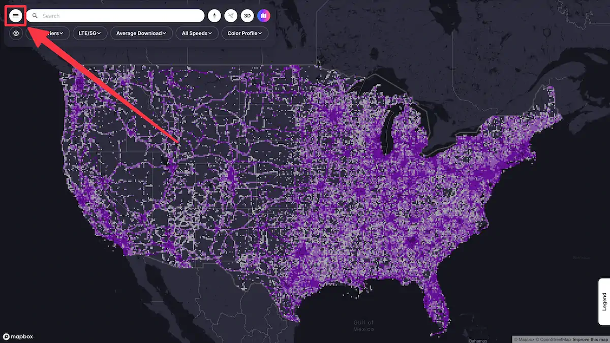 An arrow pointing to the menu button on map.coveragemap.com