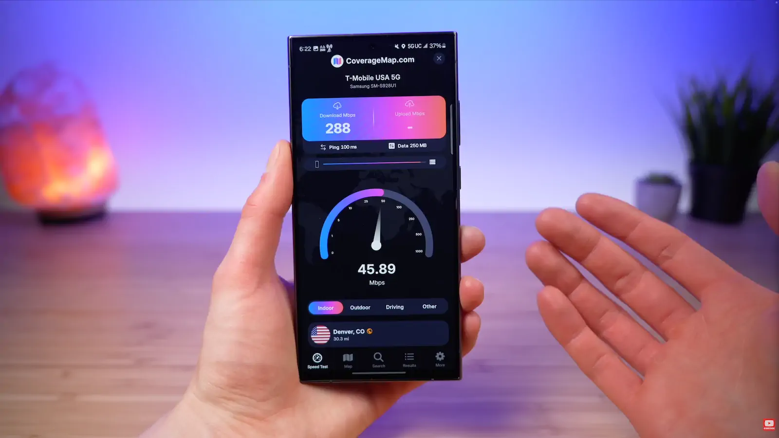 Coverage Map app running a cellular speed test and measuring the upload speed for T-Mobile