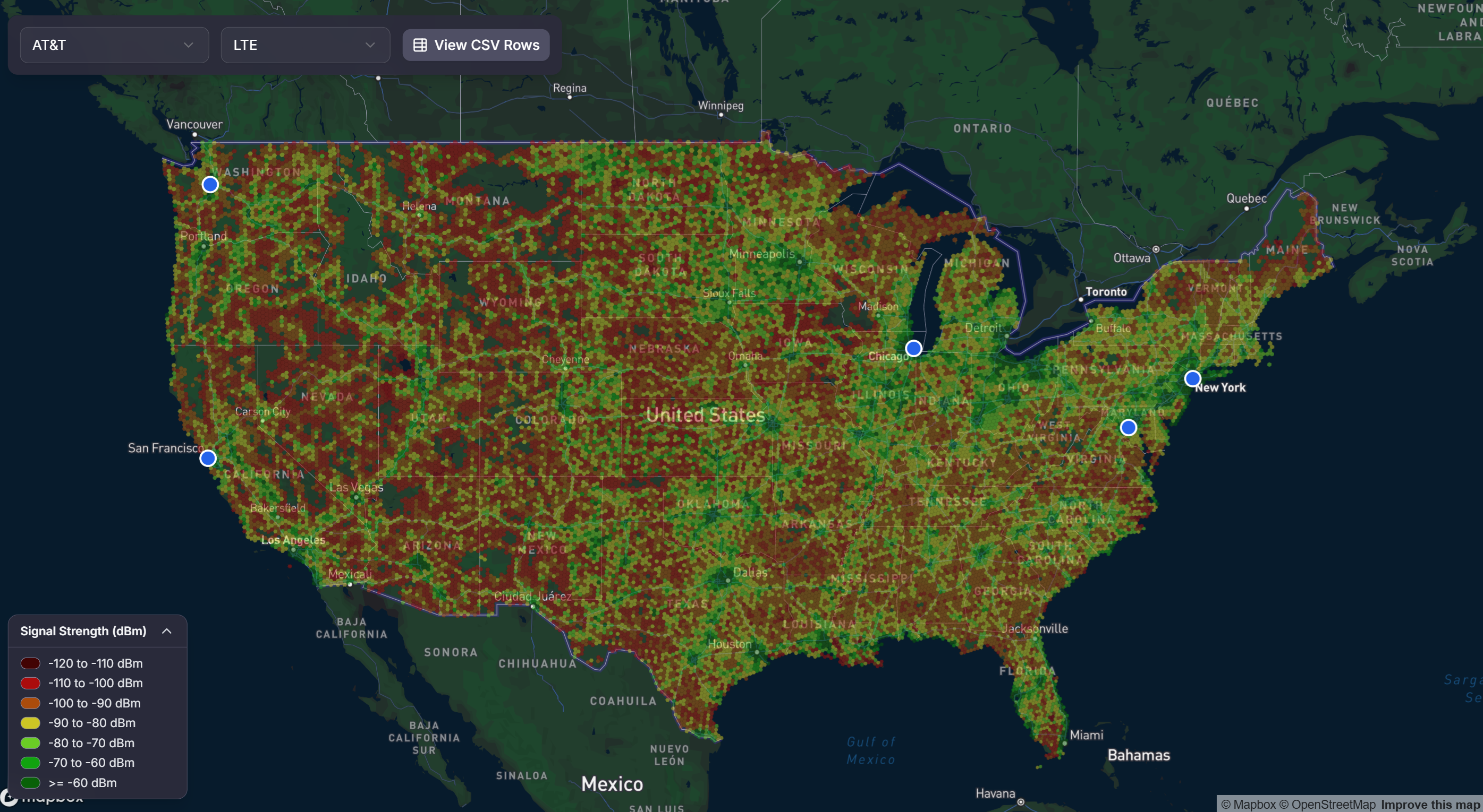 Interactive map showing uploaded locations with carrier signal strength data overlaid